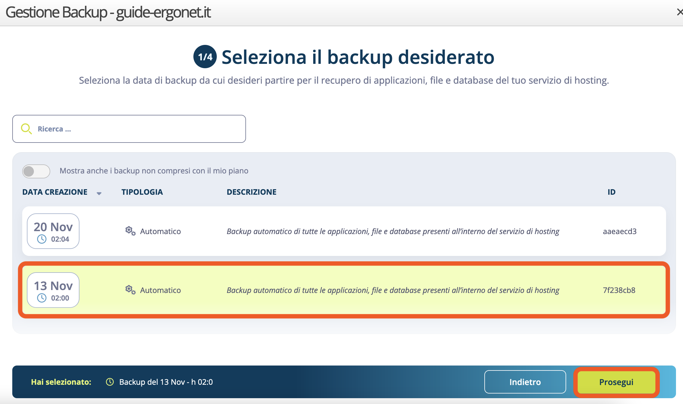 WebPanel Ergonet - Scelta del backup<br>
